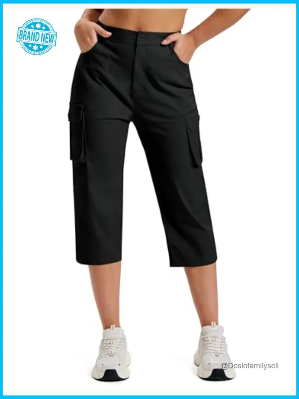 Cargo Capris Cotton Pants with Button Pockets Elastic Waist Lightweight Cute